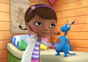 In this image released by Disney Junior, the character Doc McStuffins is shown with Stuff in a scene from Disney Junior's animated series "Doc McStuffins." The show, about a six-year-old girl who runs and operates a clinic for broken toys and worn out stuffed animals out of the playhouse in her backyard, will debut Friday, March 23, on the new 24-hour Disney Junior channel. (AP Photo/Disney Junior)